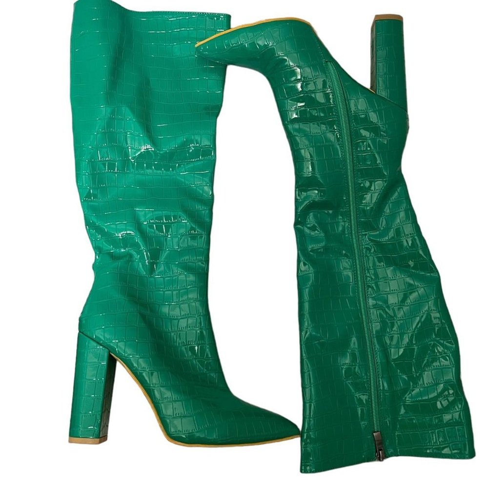 Sexy green faux croc knee high boots